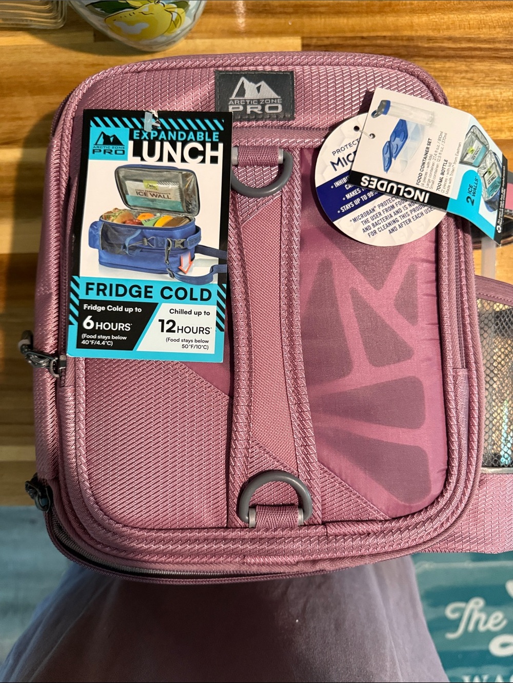Lunch tote with freezer pack and water bottle.